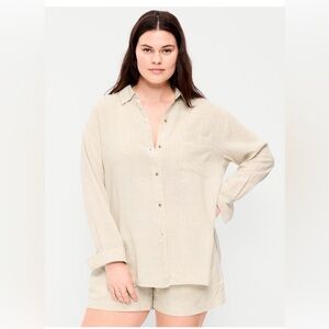 Old Navy Linen-Blend Loose Button-Down Shirt sz L NWT Natural Linen